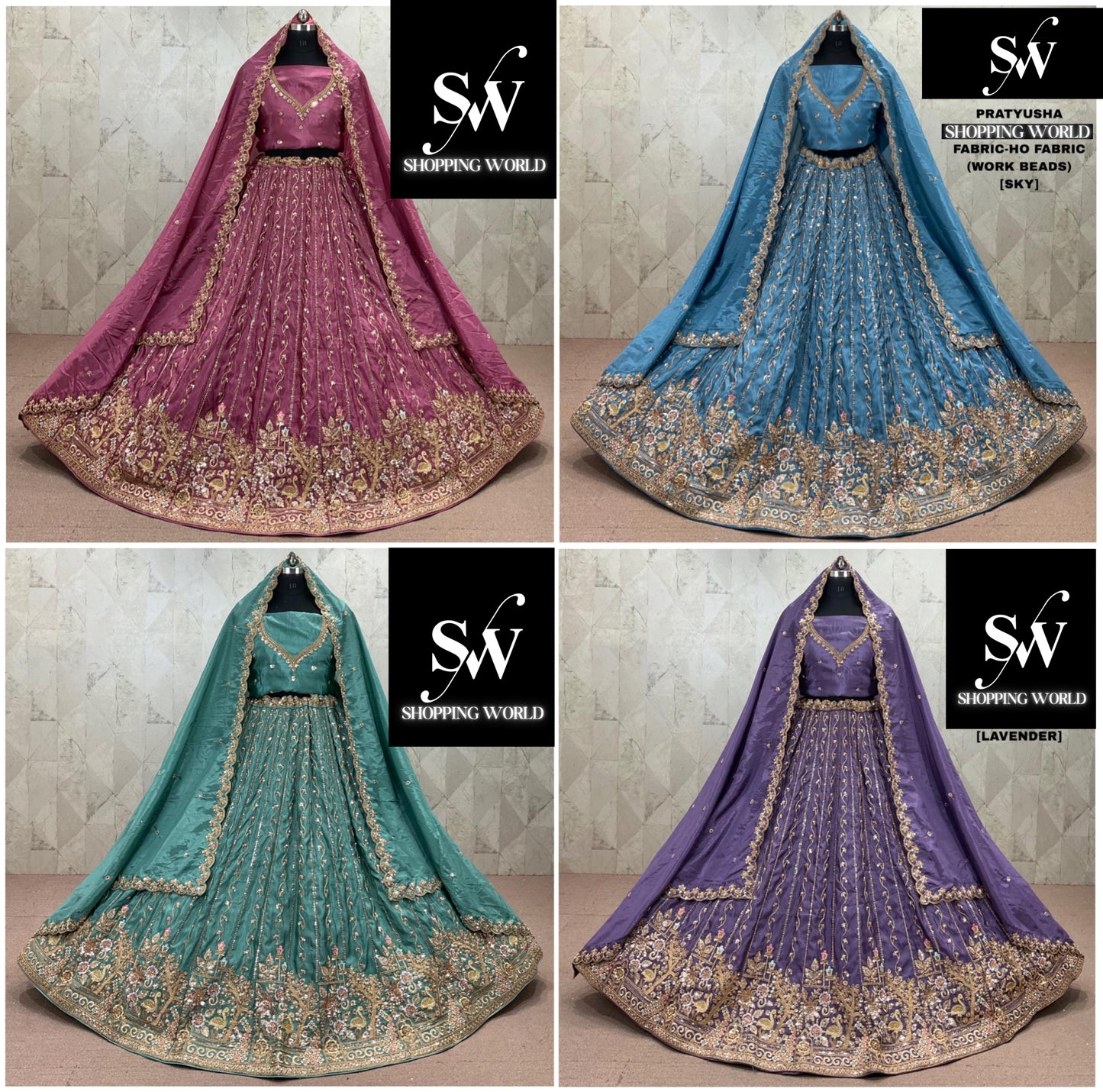 Sky Blue Pink Green Lavender No Fabric Lehenga