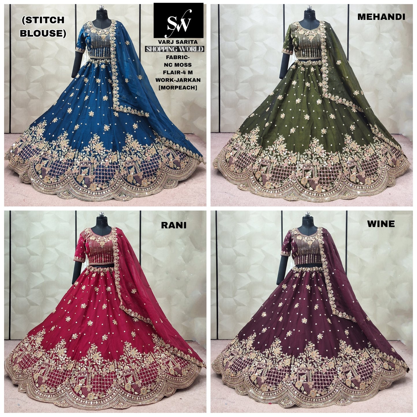 Morpeach Blue Mehendi Green Rani pink Wine Nc Moss Lehenga