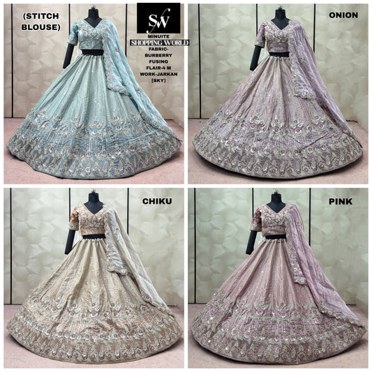 Sky Blue Onion pink Chiku golden Burberry Fusing Lehenga