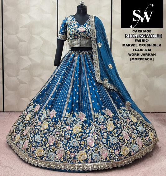 Morpeach Blue Marvel Crush Silk Lehenga
