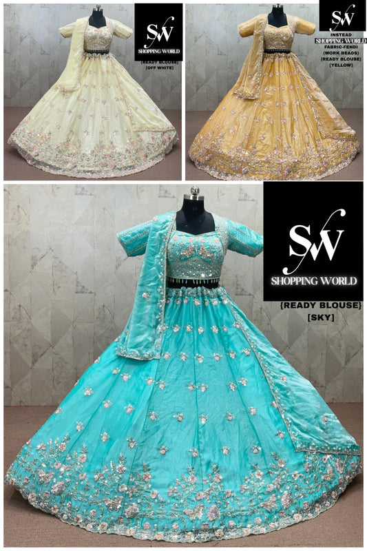 Sky Blue Off white Yellow Haldi Mehendi Fendi Lehenga