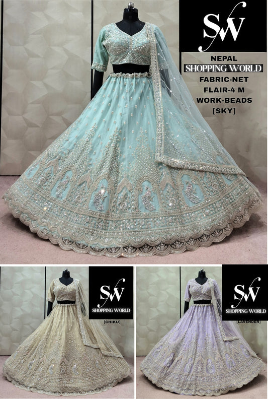 Sky Blue Chiku golden Lavender Net Lehenga