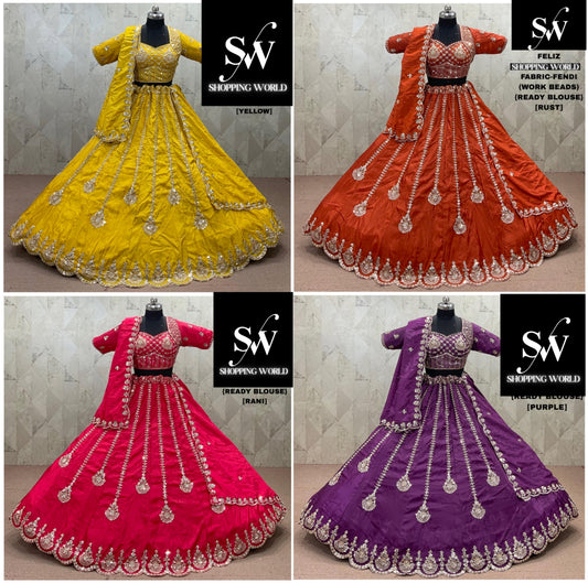 Rani pink Rust Orange Yellow purple Fendi Lehenga