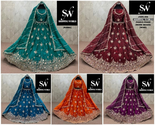 Rama green Wine Sky Blue Rust Orange Purple Fendi Lehenga