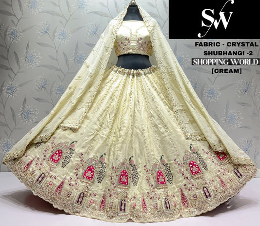 Cream White Peacock Crystal Lehenga