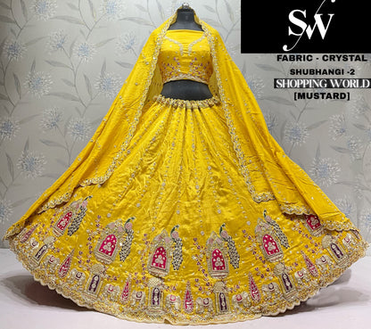 Mustard Peacock Crystal Lehenga