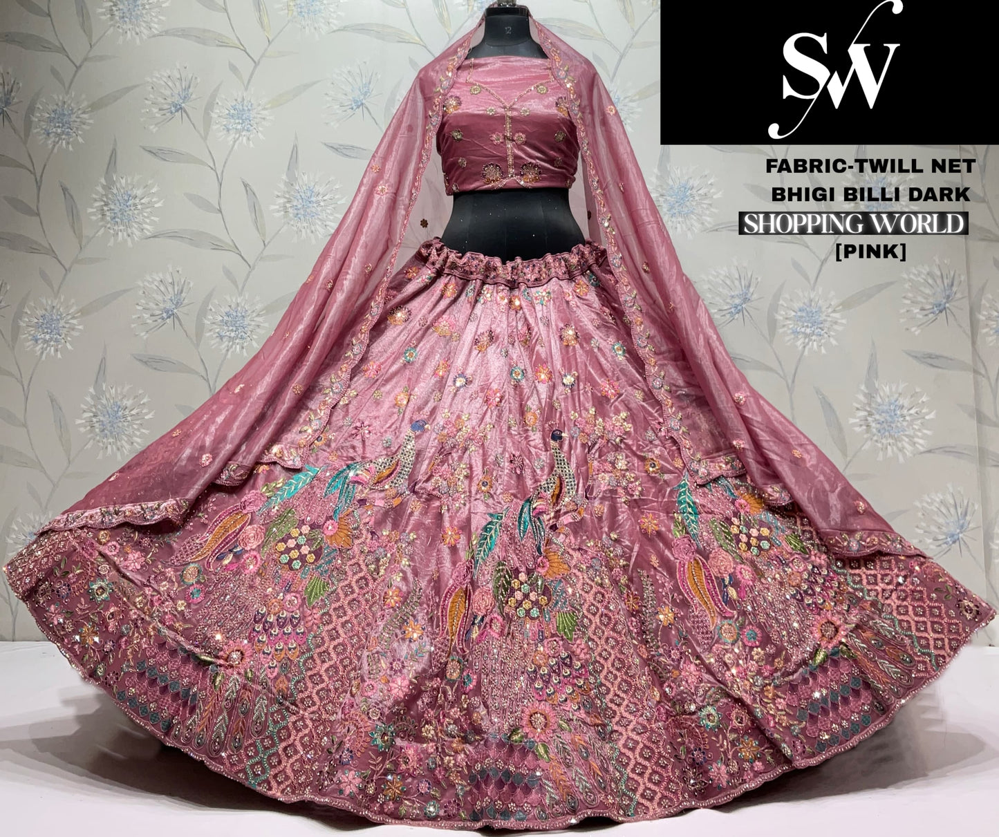 Pink Peacock Twill Net  Lehenga
