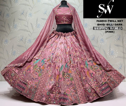 Pink Peacock Twill Net  Lehenga