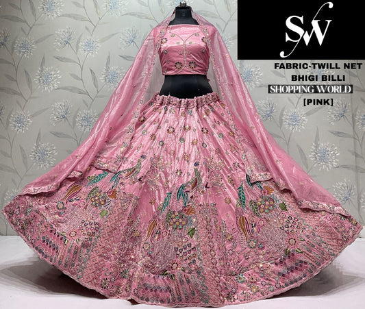 Pink Peacock Twill Net  Lehenga