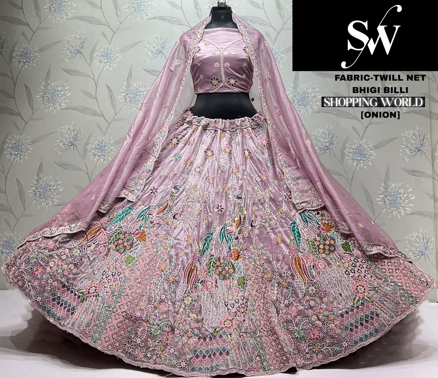 Pink Peacock Twill Net  Lehenga