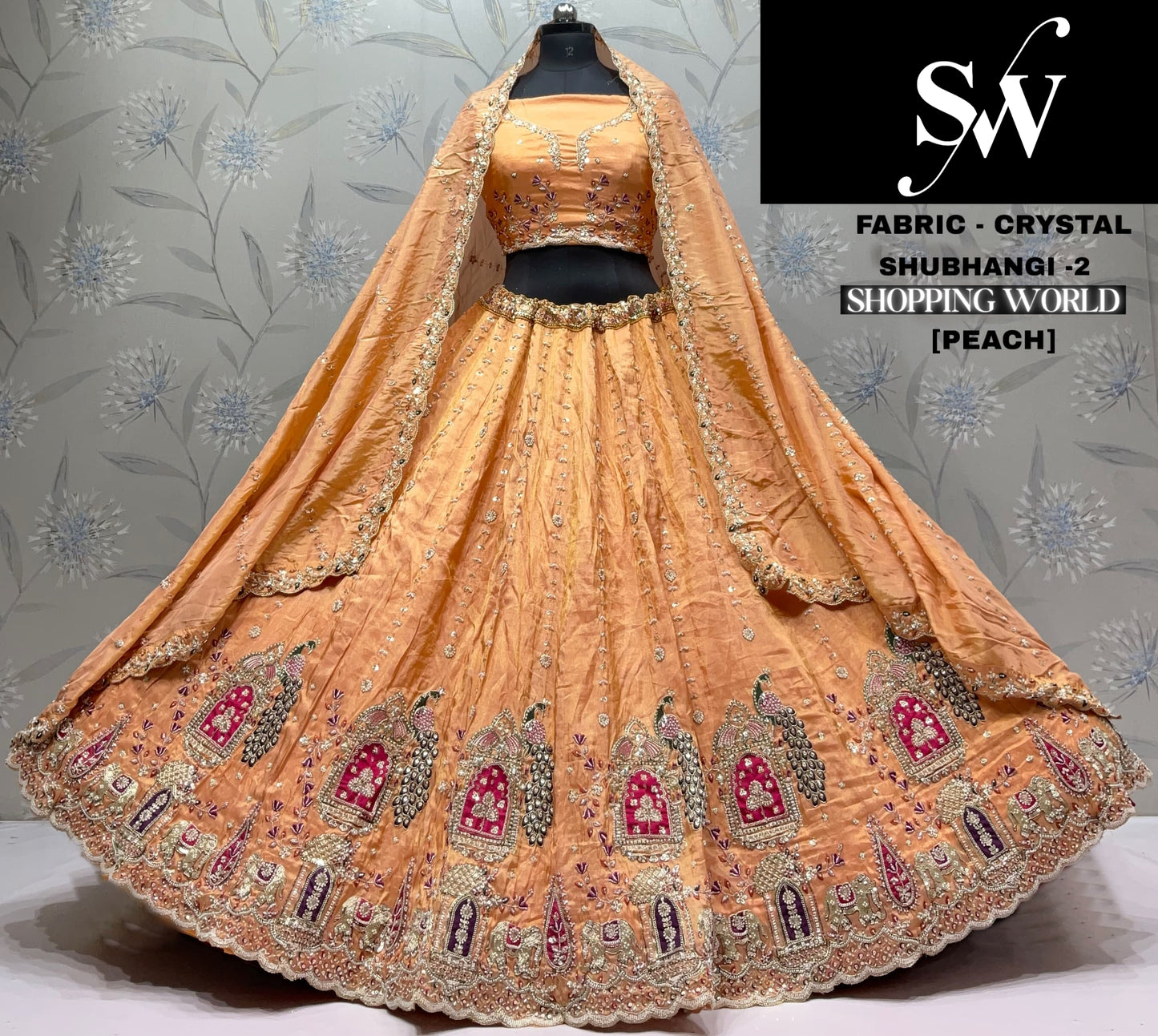 Mustard Peacock Crystal Lehenga