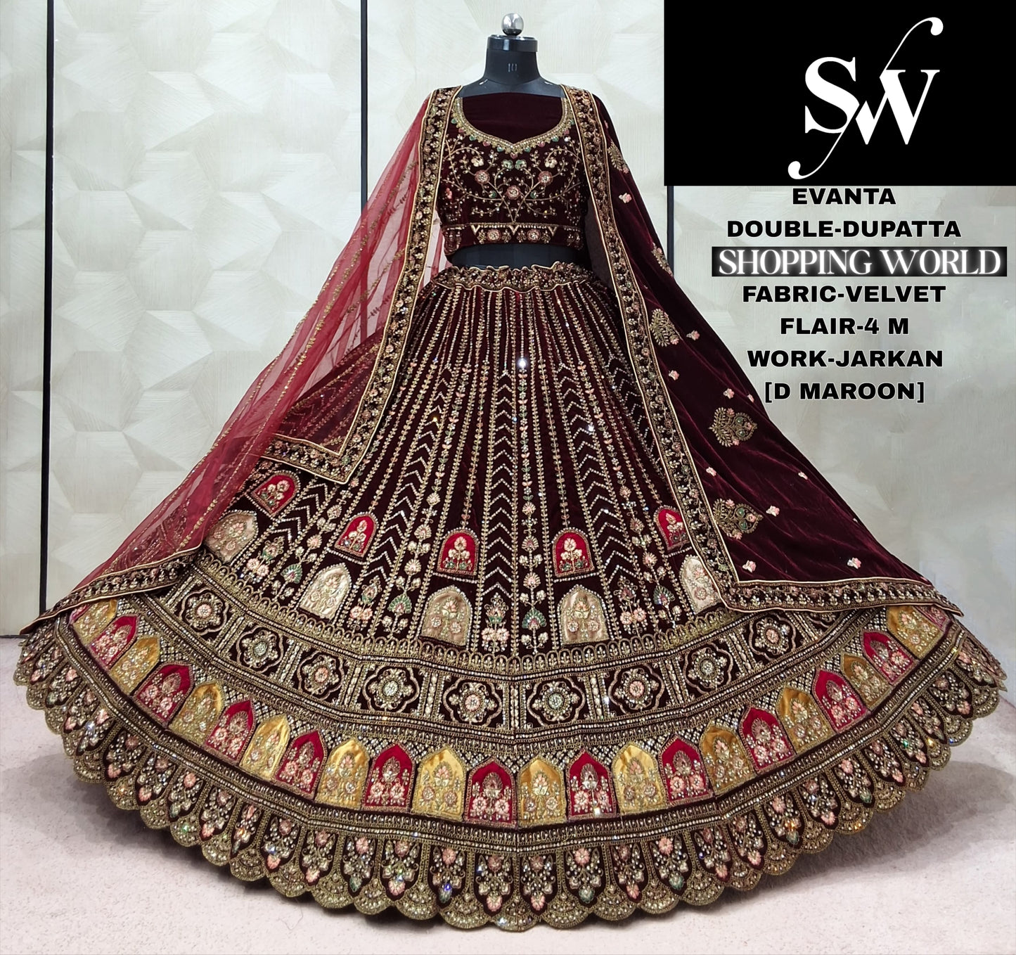 Maroon Double Dupatta Velvet Lehenga