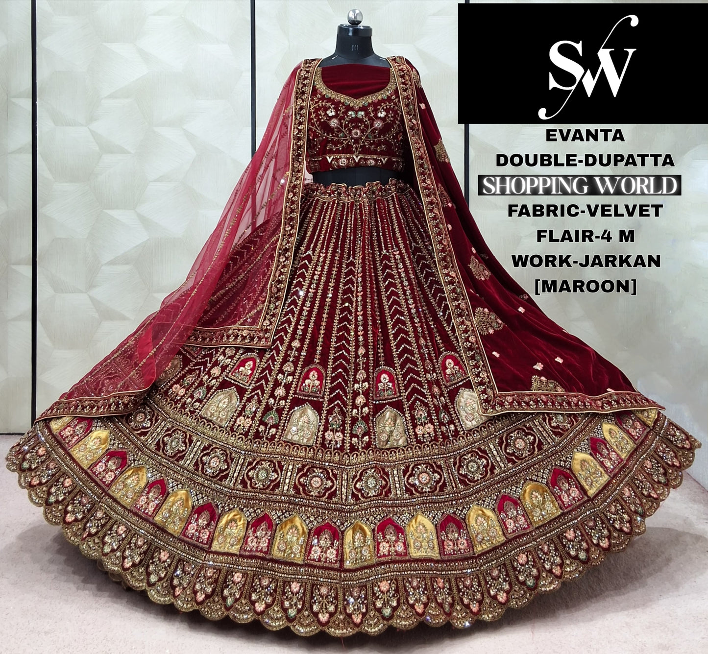 Maroon Double Dupatta Velvet Lehenga