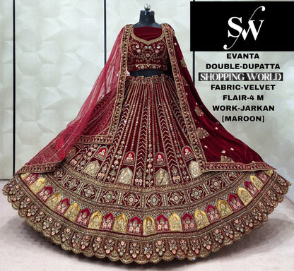Maroon Double Dupatta Velvet Lehenga