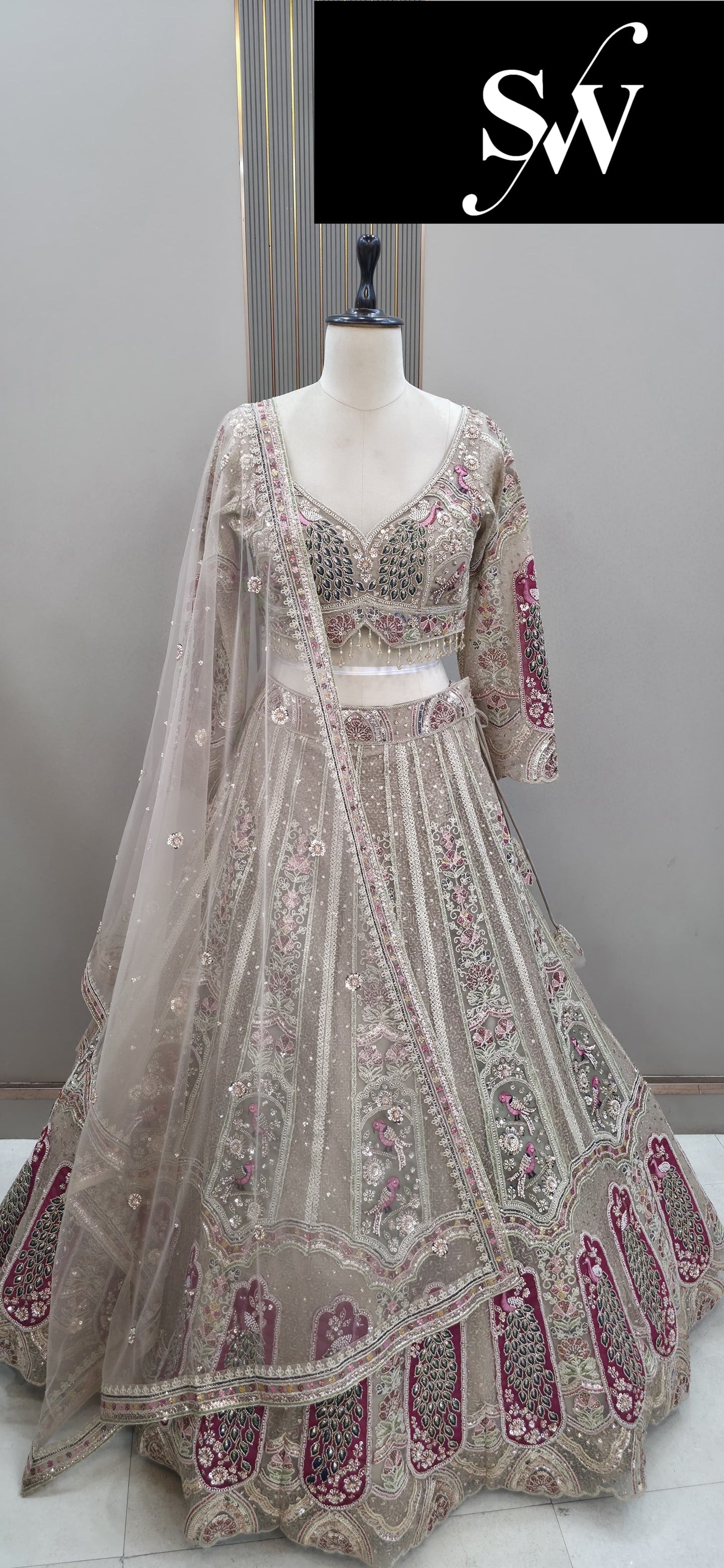 White peacock Crop Top Lehenga