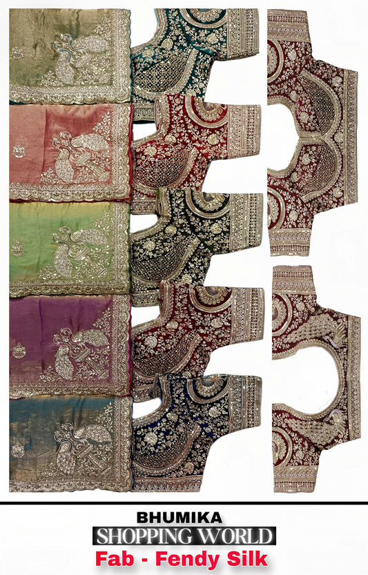 Blue Pink Green Peach Fendy Silk Saree