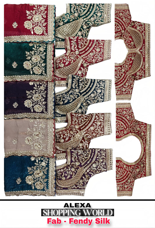 Blue Green Purple Green Peach Fendy Silk Saree