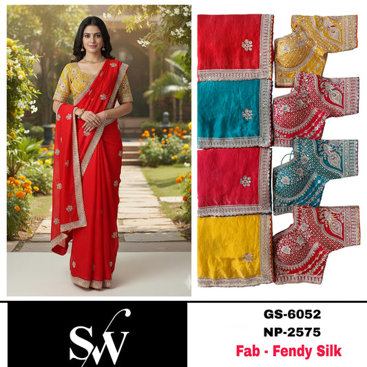Sky Blue Hot Pink Red Yellow Fendy Silk Saree