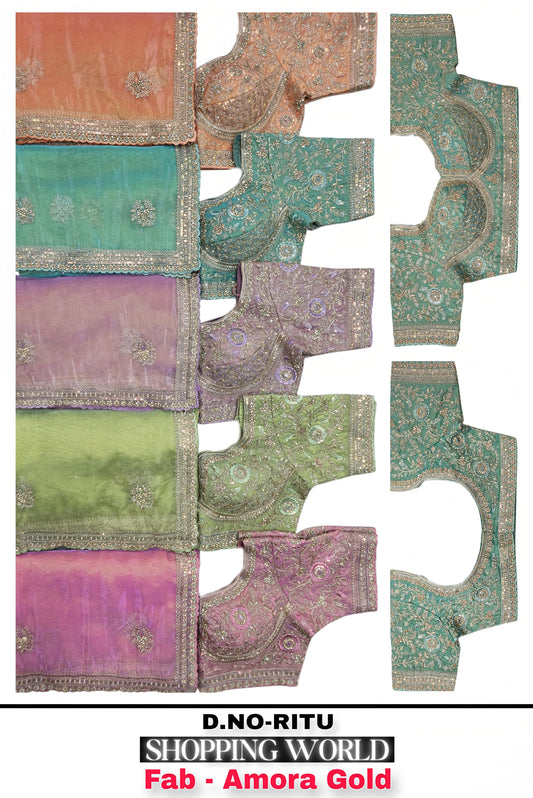 Sky Blue Baby Pink Peach Pink green Amora Gold Saree