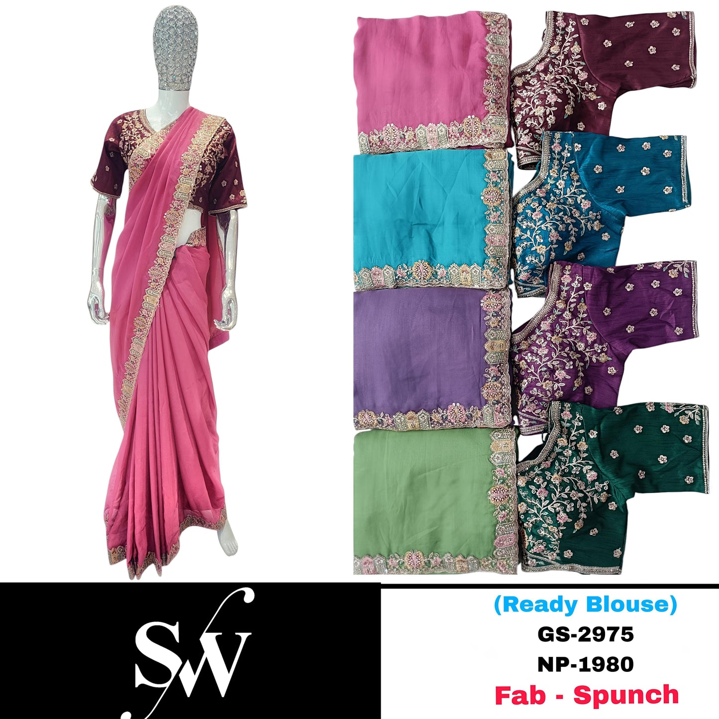 Purple Blue Green Baby pink Spunch Saree