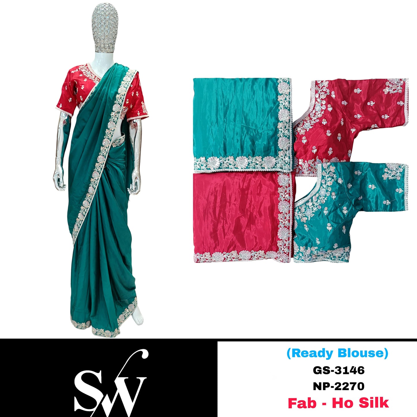 Hot pink Sea Green blue Ho Silk Saree