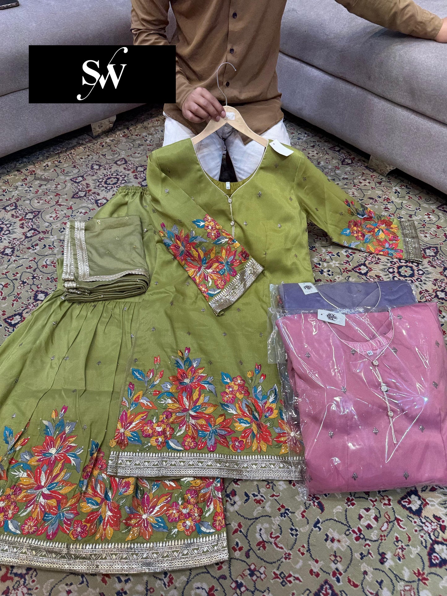 Green pink Lavender Sharara Suit Dress Material
