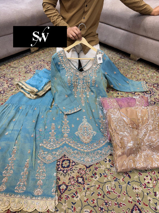 Sky Blue Long Shrug Suit Dress Material