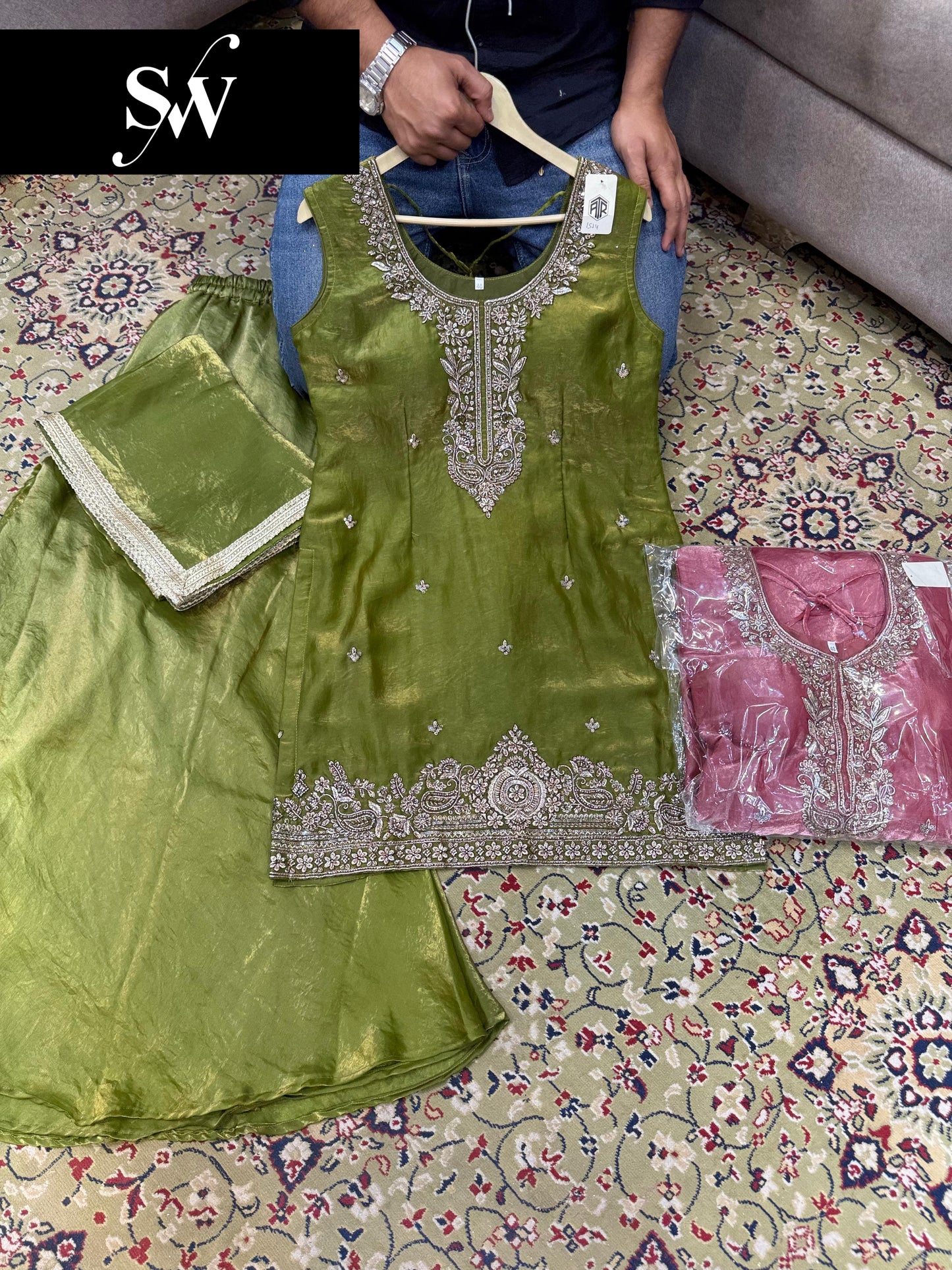 Green pink Long Shrug Suit Dress Material