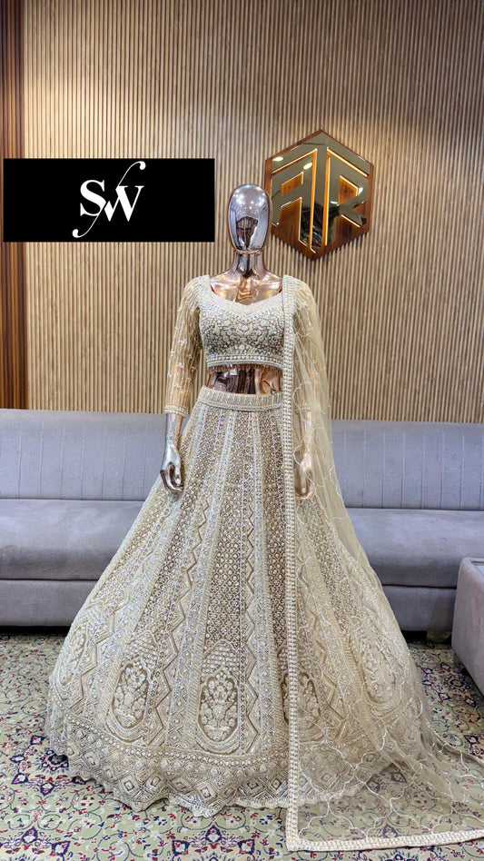 Beige Golden Crop Top Lehenga