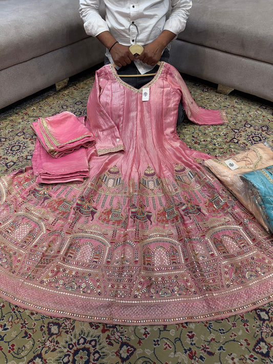 Pink Blue Peach Long Shrug Dress Material