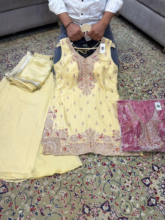 Off White Golden pink Long Sharara Suit Dress Material