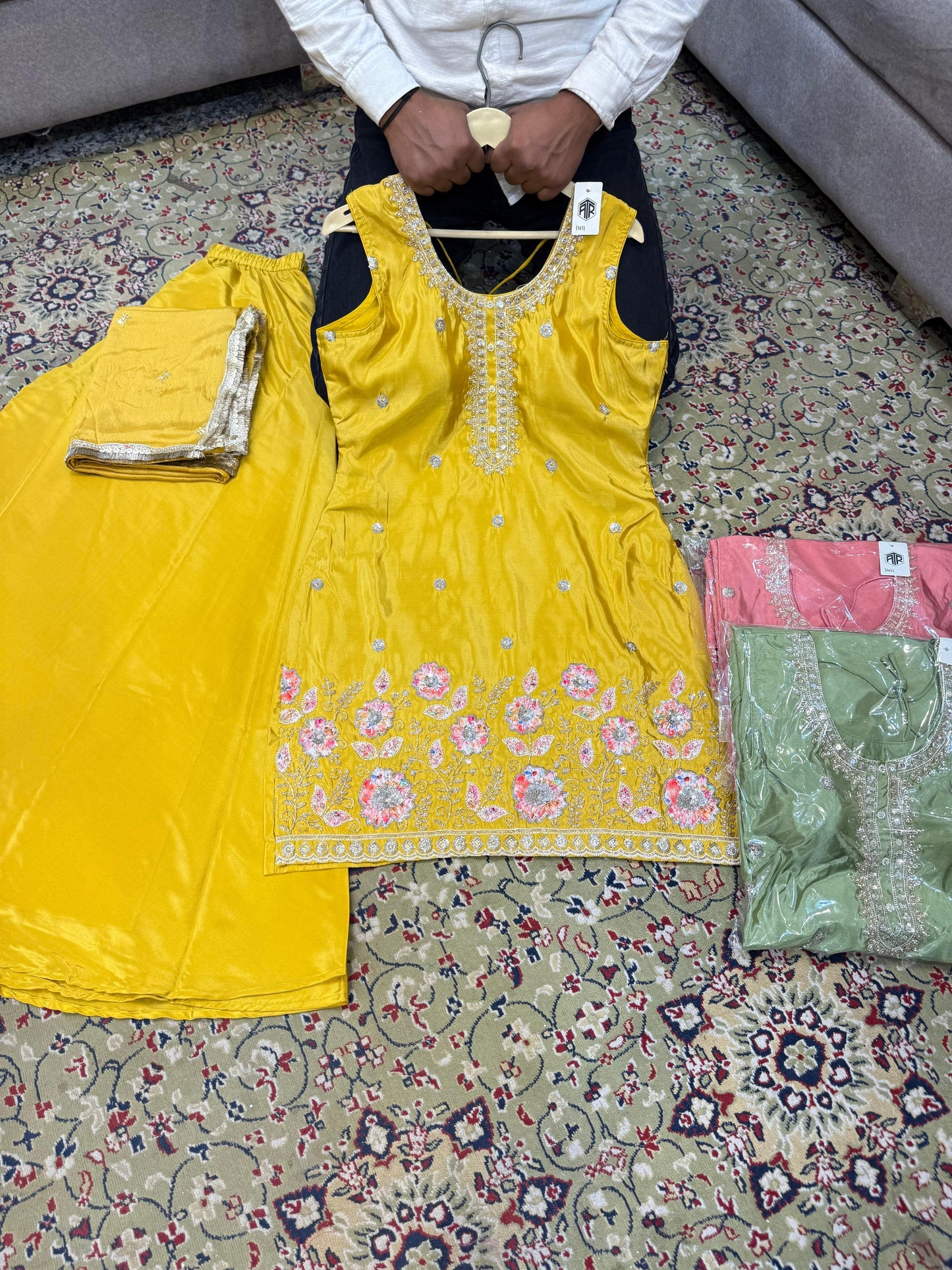Yellow Haldi Mehendi Green Pink Crop Top Lehenga
