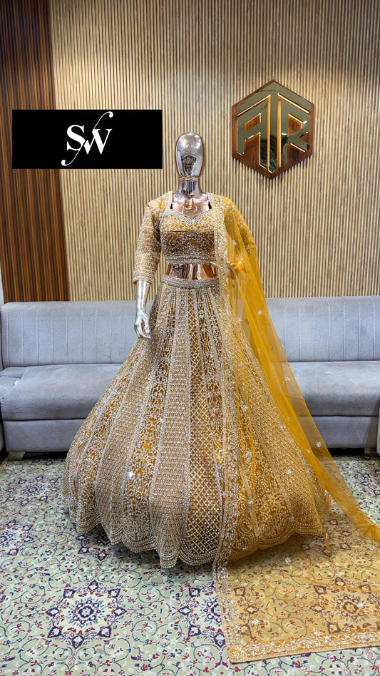 Mustard Mirror Work Crop Top Lehenga