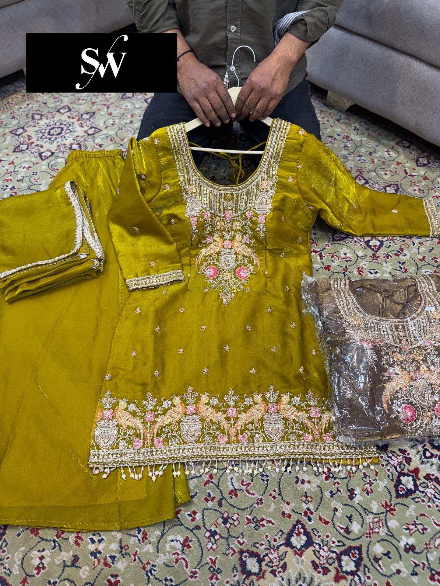 Yellow Haldi Mehendi Rust Brown Long Shrug Dress Material