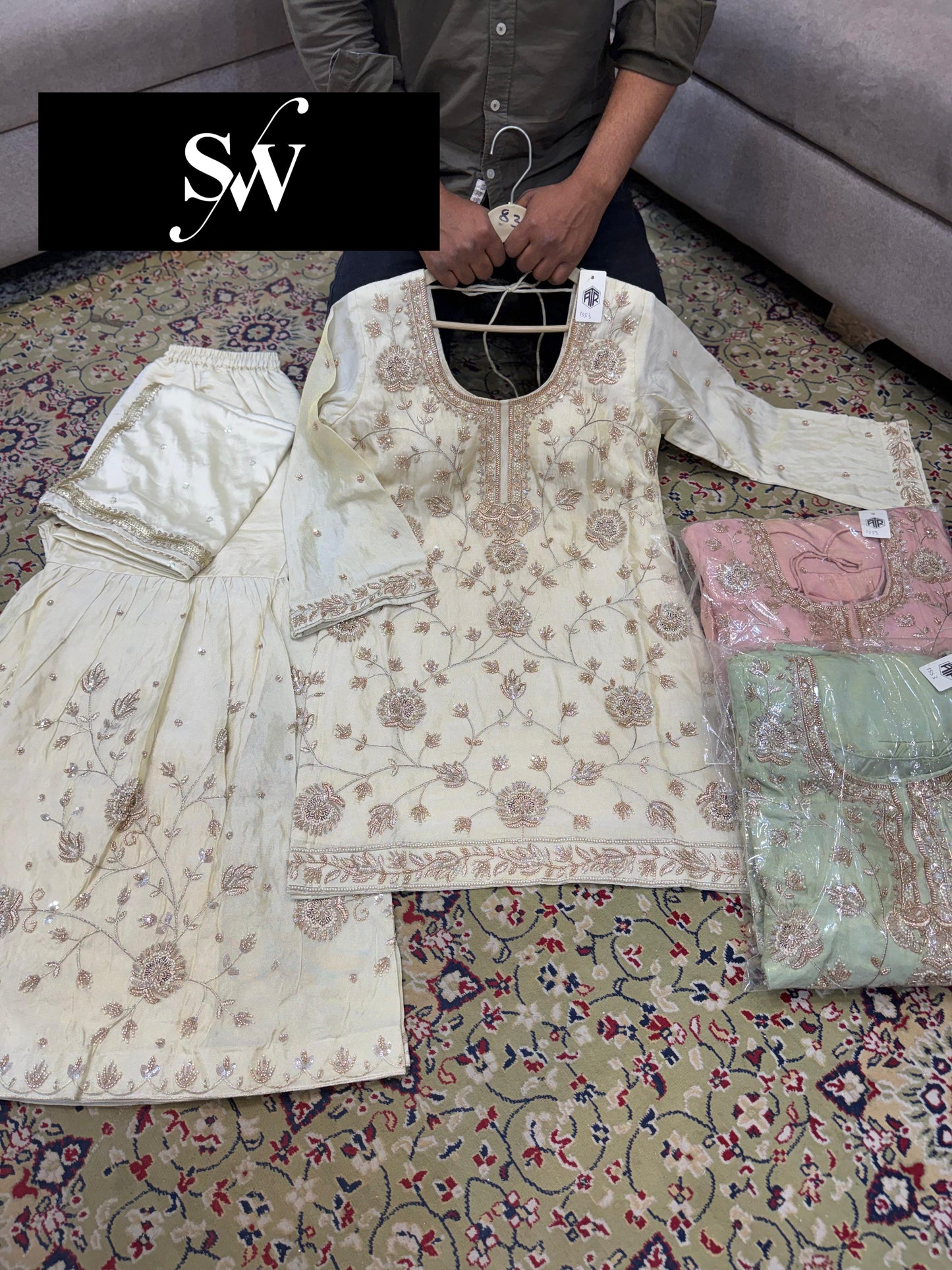 Pink White Green Long Shrug Dress Material