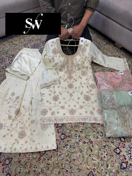 Pink White Green Long Shrug Dress Material