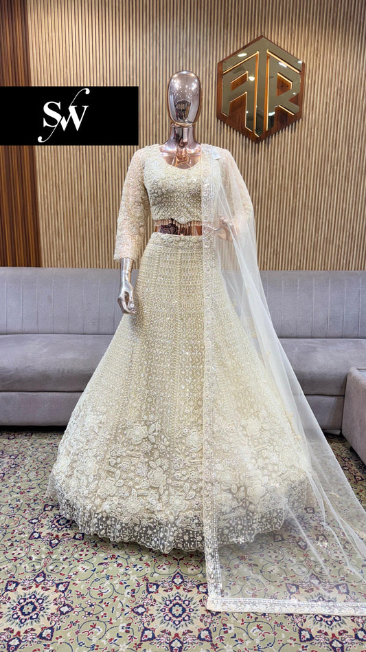 Beige Golden Crop Top Lehenga