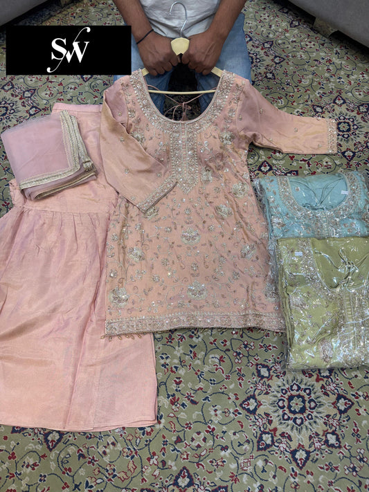 Peach Pink Green Sky Blue Long Shrug Dress Material
