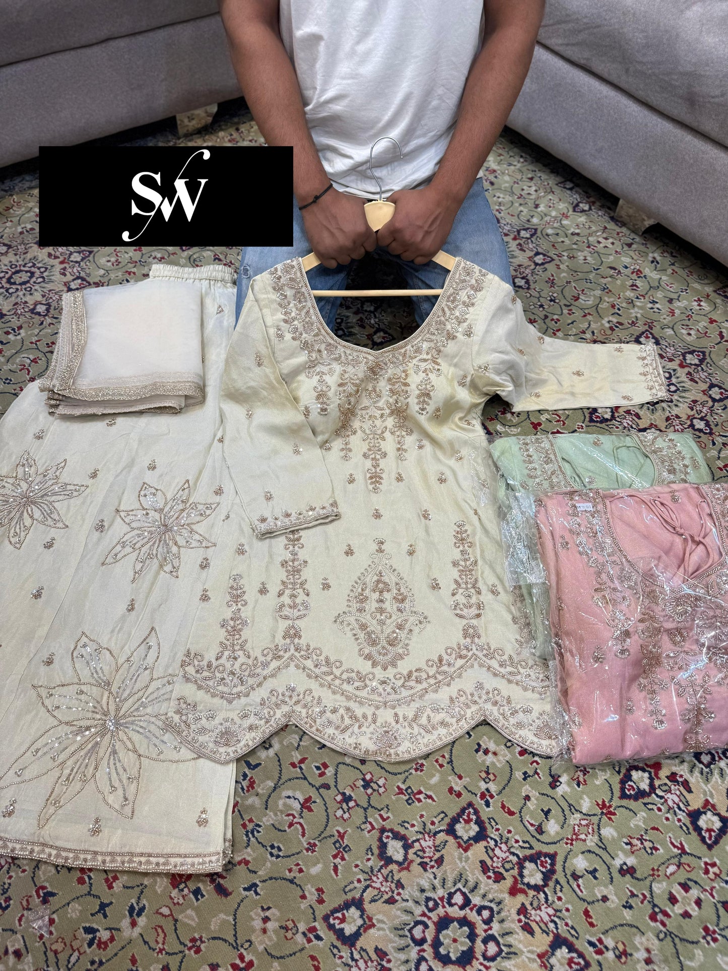 Off White Green Pink Long Shrug Dress Material