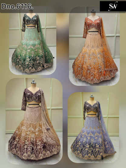 Double Shade Green Orange Brown Peach Sky Blue Crop Top Lehenga