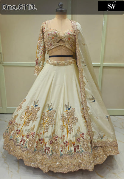 White Peacock Crop Top Lehenga