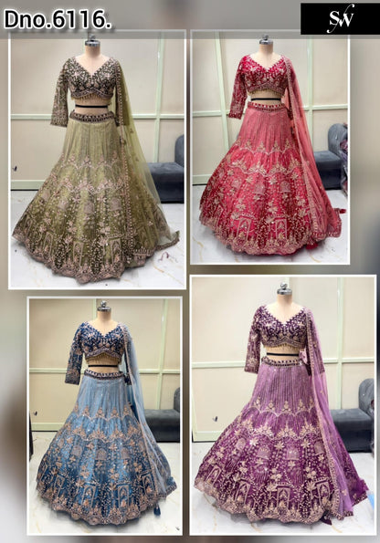 Double Shade Pista Green Hot Pink Sky Blue Lavender Crop Top Lehenga