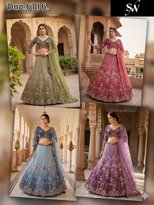 Double Shade Pista Green Hot Pink Sky Blue Lavender Crop Top Lehenga