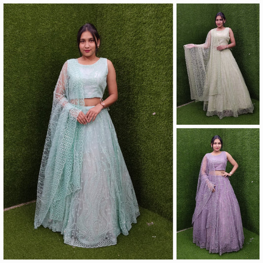 Sea Green Lavender White Crop Top Lehenga