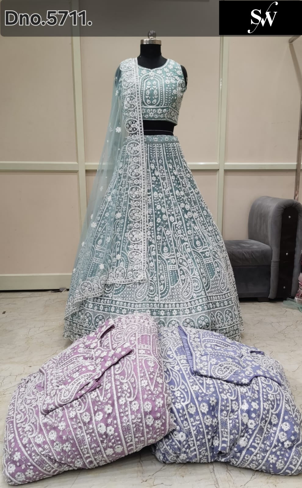 Sea Green Purple Pink Crop Top Lehenga
