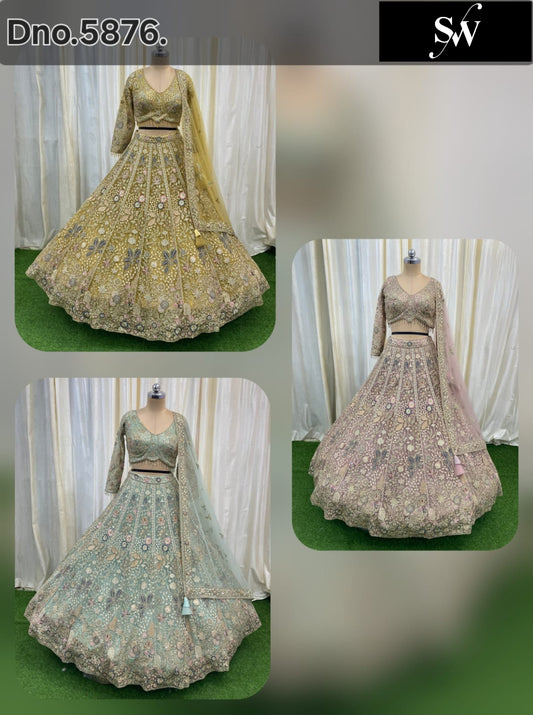 Yellow Haldi Mehendi Pista Green Peach Crop Top Lehenga