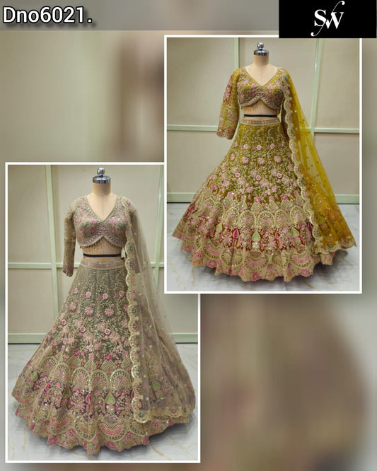 Mustard Pista Green Crop Top Lehenga