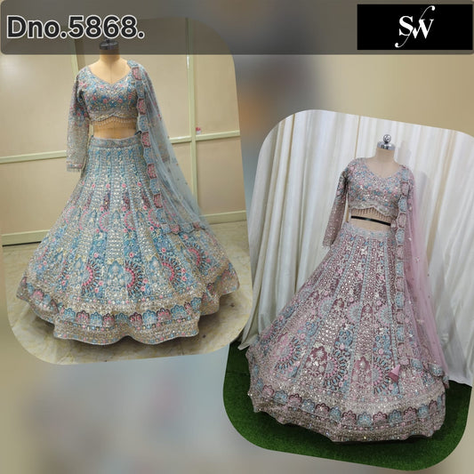 Pink Sky Blue Crop Top Lehenga