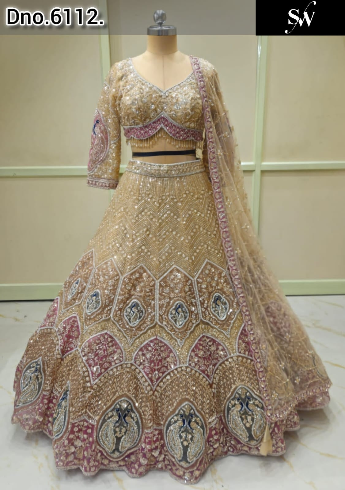 Beige golden Peacock Crop Top Lehenga - Shopping World