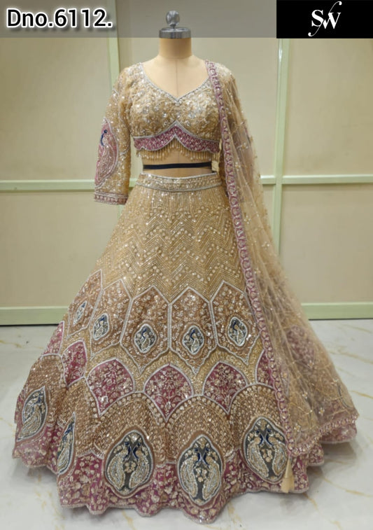 Beige golden Peacock Crop Top Lehenga